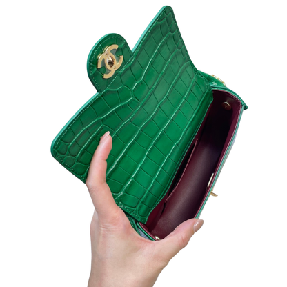 Chanel Mini Flap Bag With Top Handle Crocodile Leather in Green AS6424 - Pre-Owned Authentic
