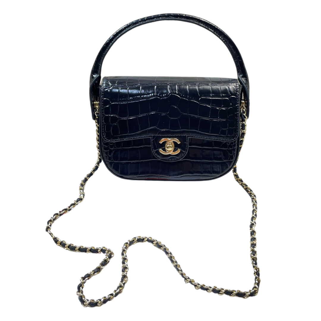 Chanel Mini Flap Bag With Top Handle Crocodile Leather in Black AS6424 - Pre-Owned Authentic