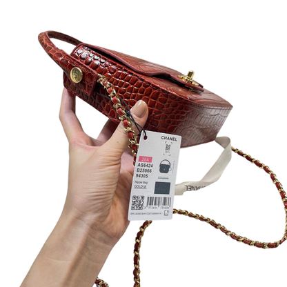 Chanel Mini Flap Bag With Top Handle Crocodile Leather in Red AS6424 - Pre-Owned Authentic