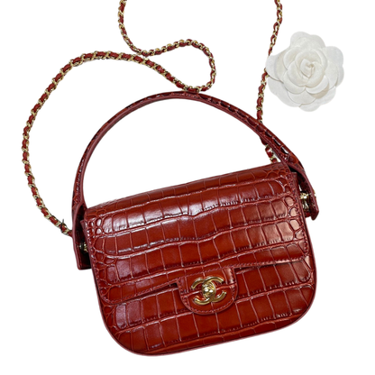 Chanel Mini Flap Bag With Top Handle Crocodile Leather in Red AS6424 - Pre-Owned Authentic