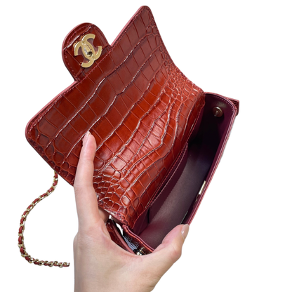 Chanel Mini Flap Bag With Top Handle Crocodile Leather in Red AS6424 - Pre-Owned Authentic