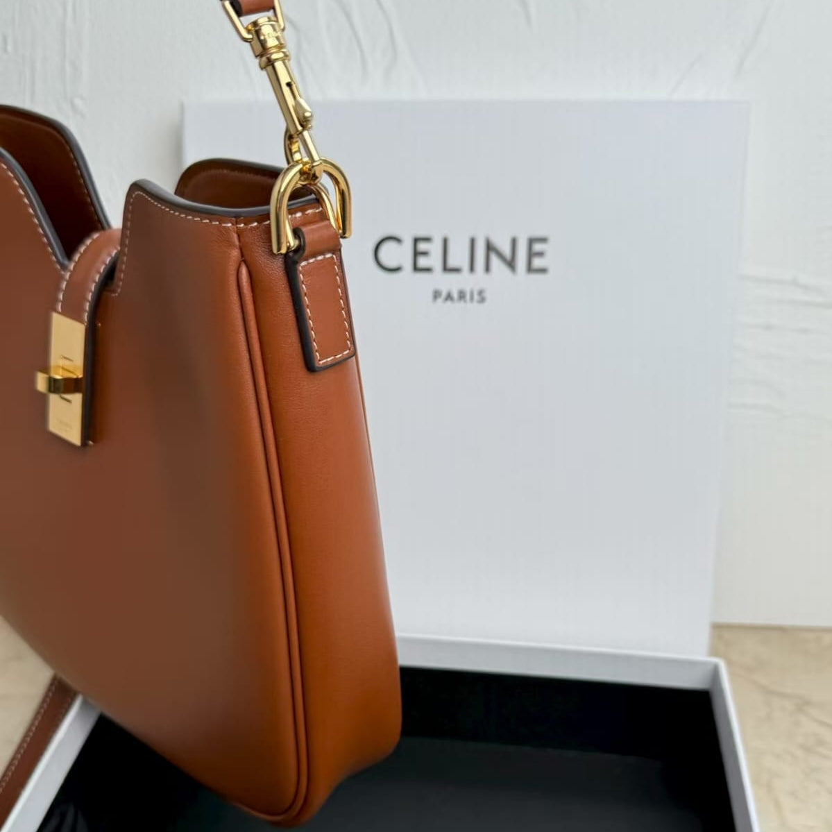 Celine Camille 16 Small Tan Bag side view actual photo