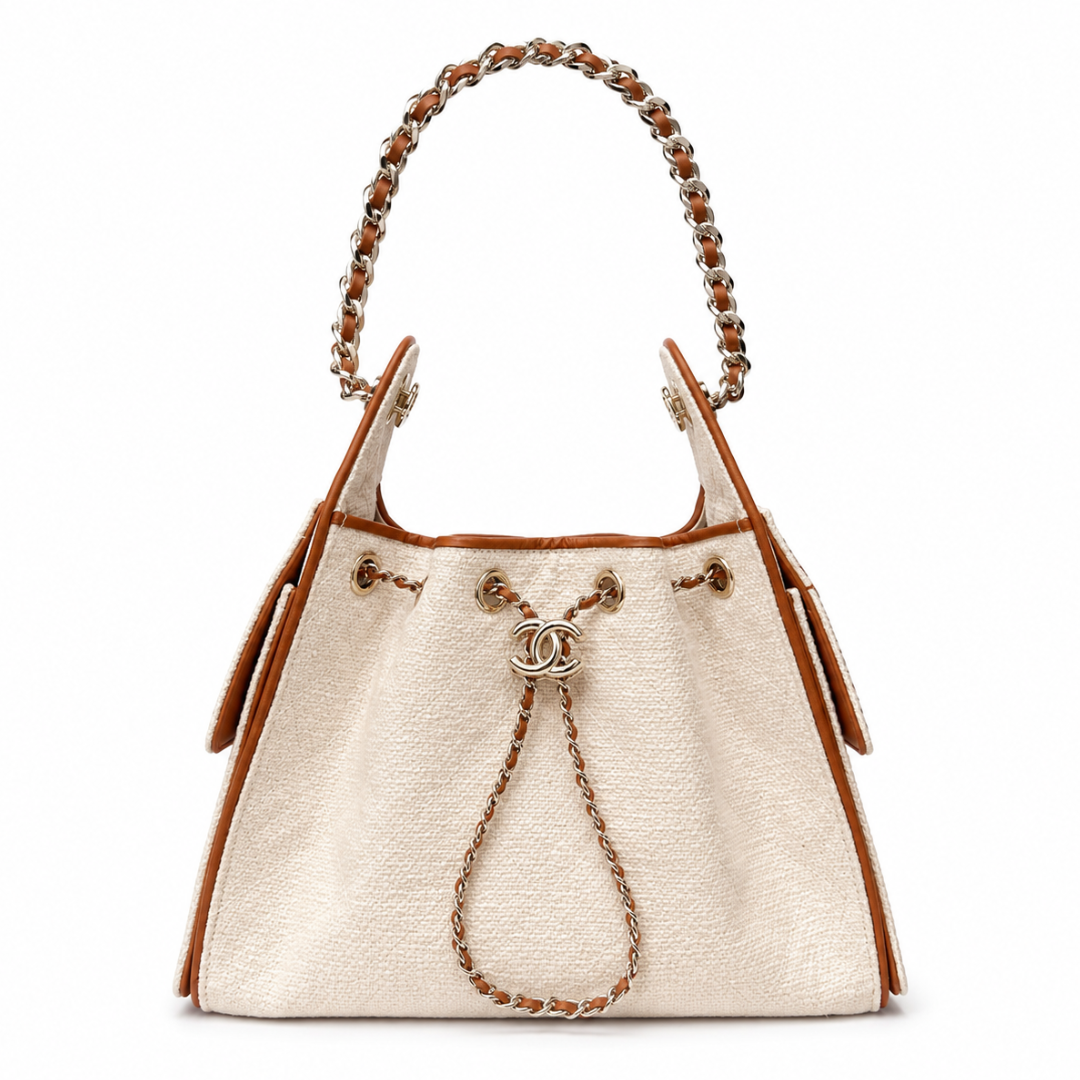Chanel 25 Small Hobo Cream and Brown front view