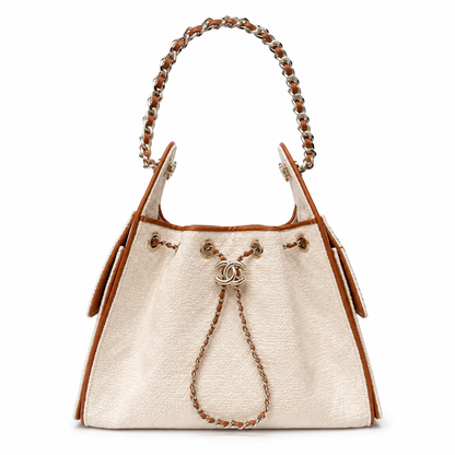 Chanel 25 Small Hobo Cream and Brown front view