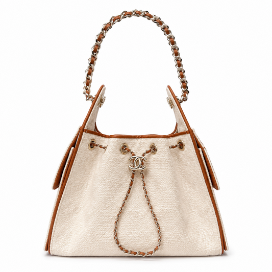 Chanel 25 Small Hobo Cream and Brown front view