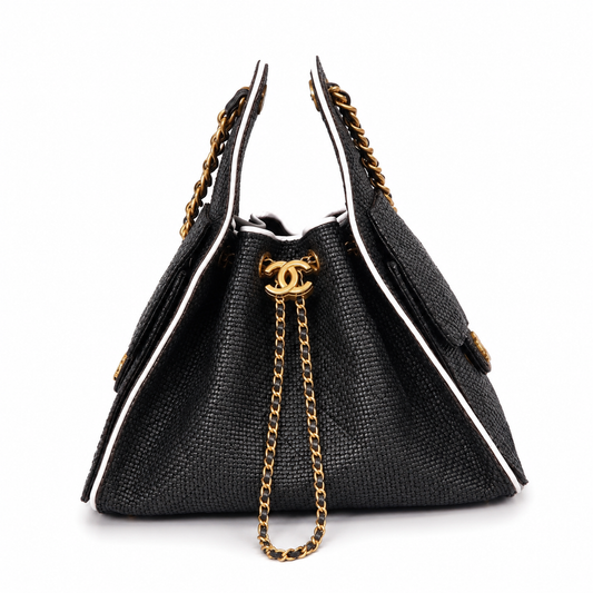 Chanel 25 Small Hobo Braided Raffia Black front view