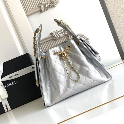 Chanel 25 Small Hobo silver front view