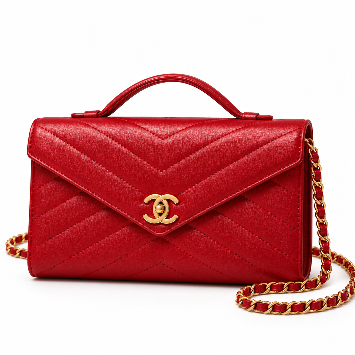 Chanel Chevron Wallet on Chain in Red - Pre-Owned Authentic