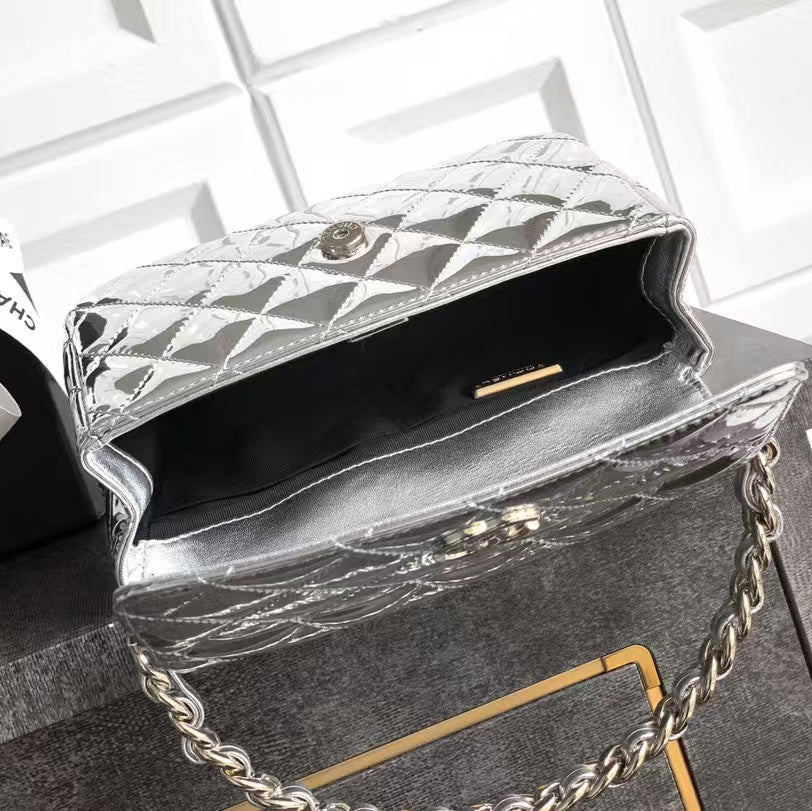 Pre-Owned Authentic Chanel Flap Bag with Top Handle  Silver Patent Leather