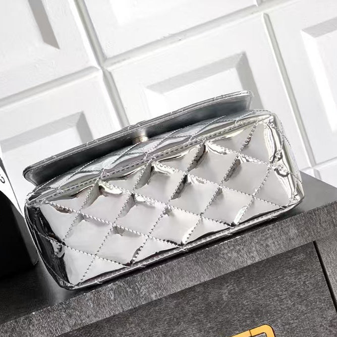Pre-Owned Authentic Chanel Flap Bag with Top Handle  Silver Patent Leather