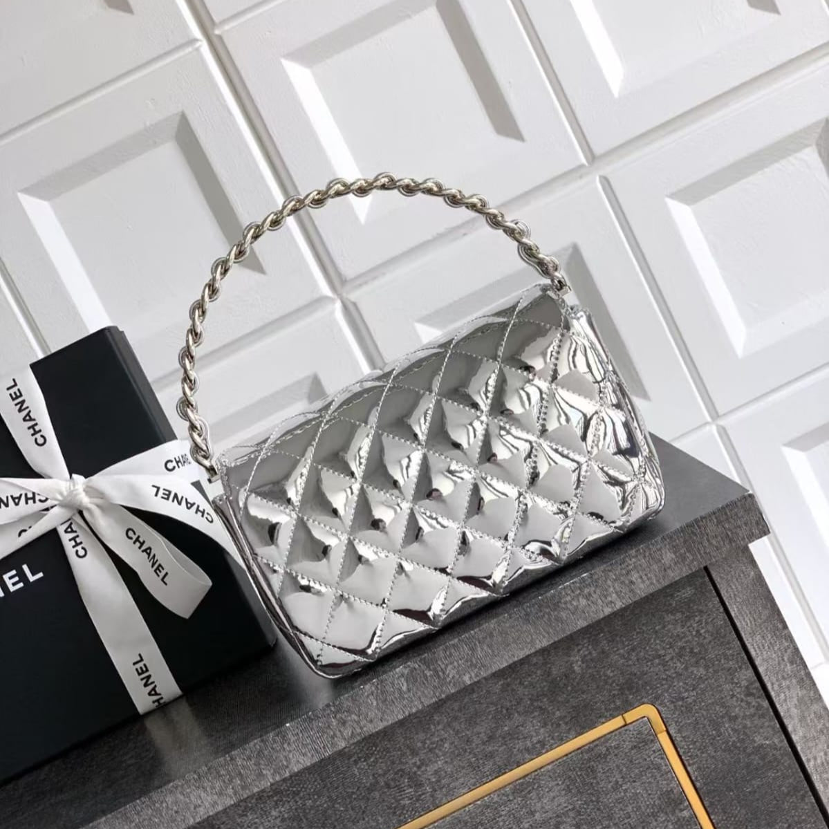 Pre-Owned Authentic Chanel Flap Bag with Top Handle  Silver Patent Leather