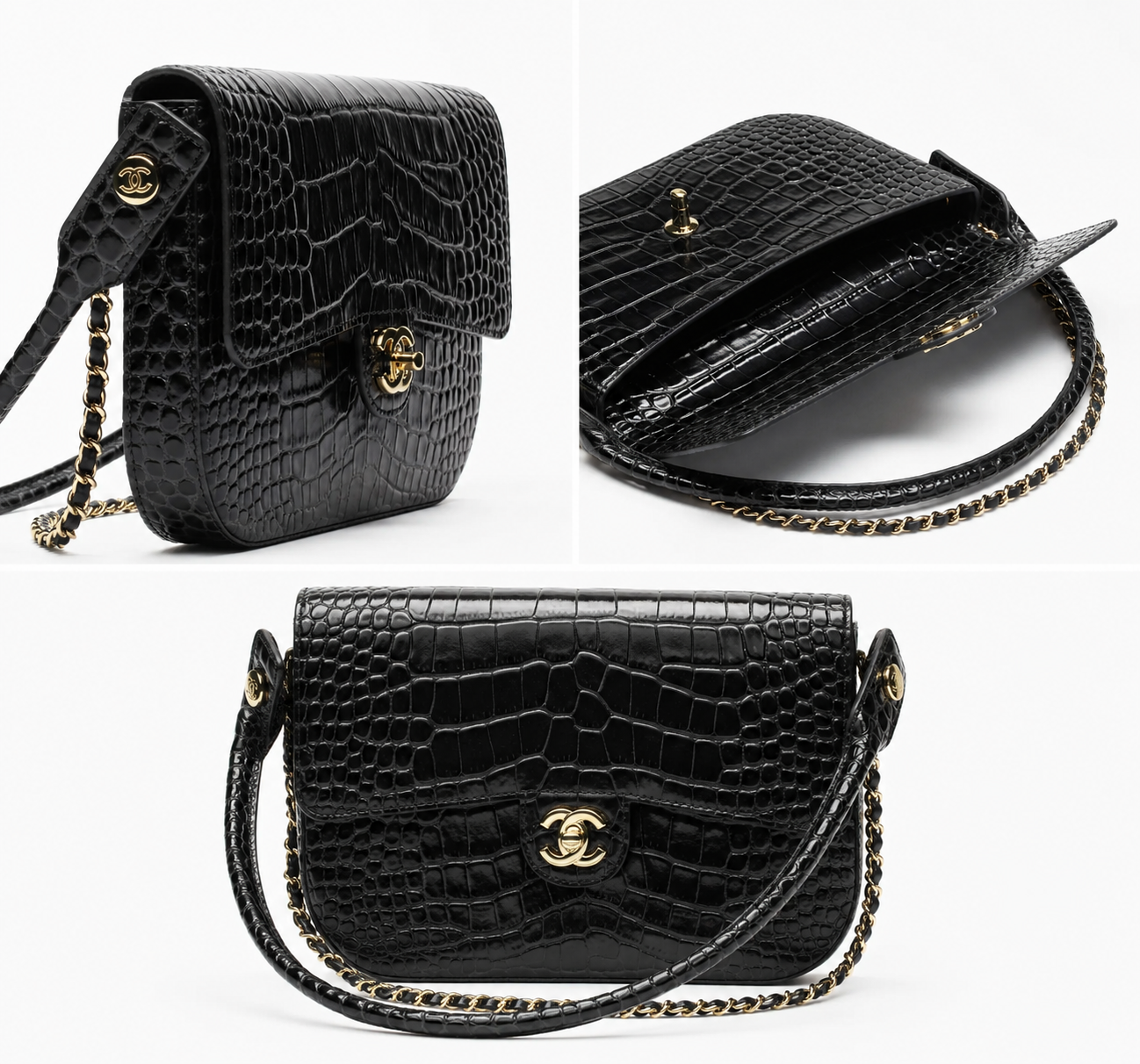 Chanel Large Clutch Crocodile-Embossed Leather in Black collage detail
