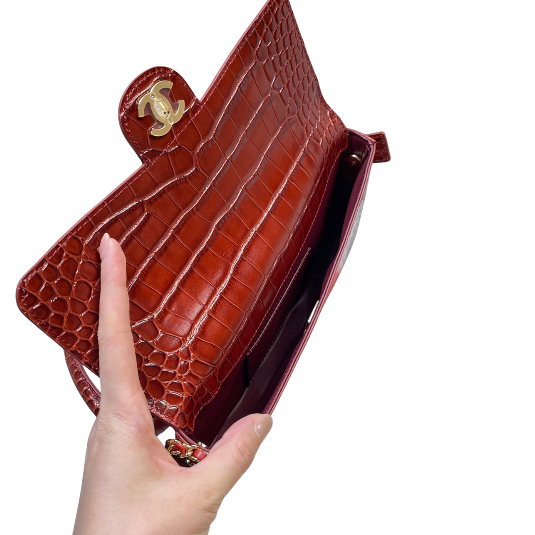 Chanel Large Clutch Crocodile-Embossed Leather in Red side interior view