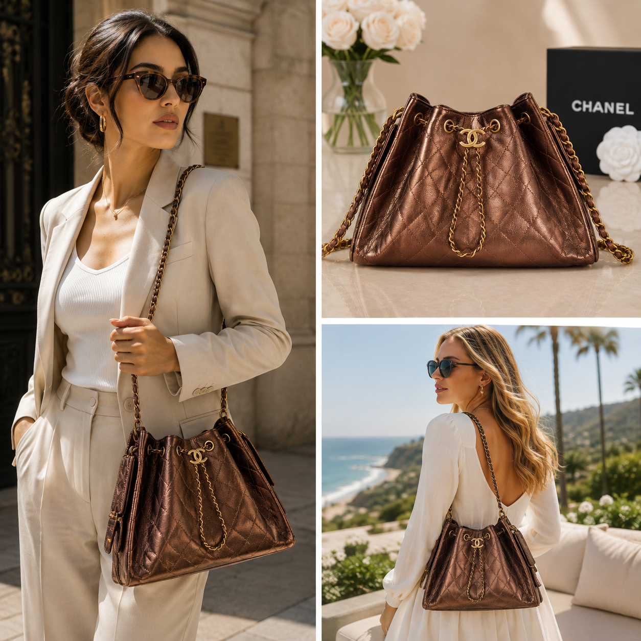 Pre-Owned Authentic Chanel 25 Small Hobo AS5311 – Bronze Metallic Calfskin collage