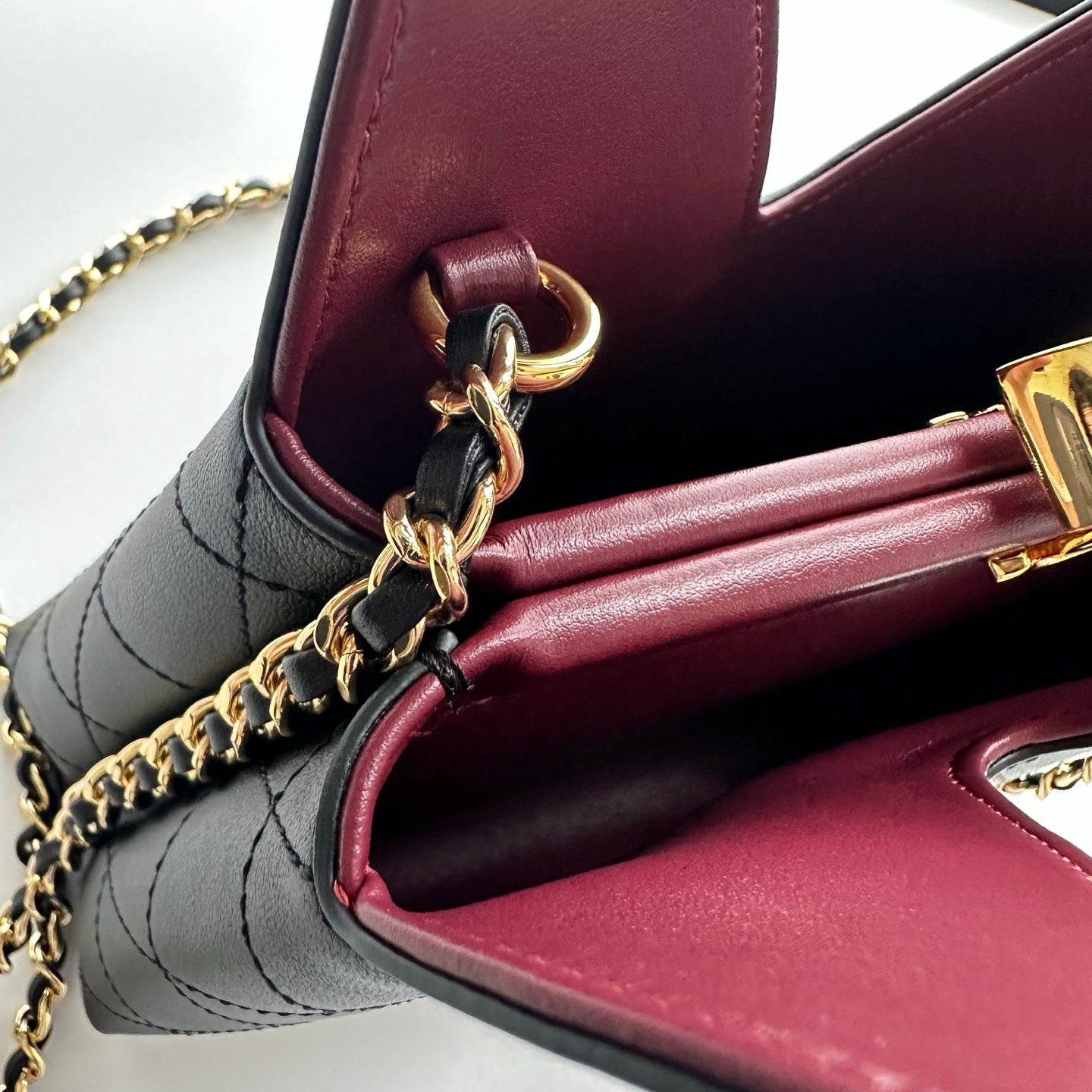 Chanel black calfskin shopping bag close-up view