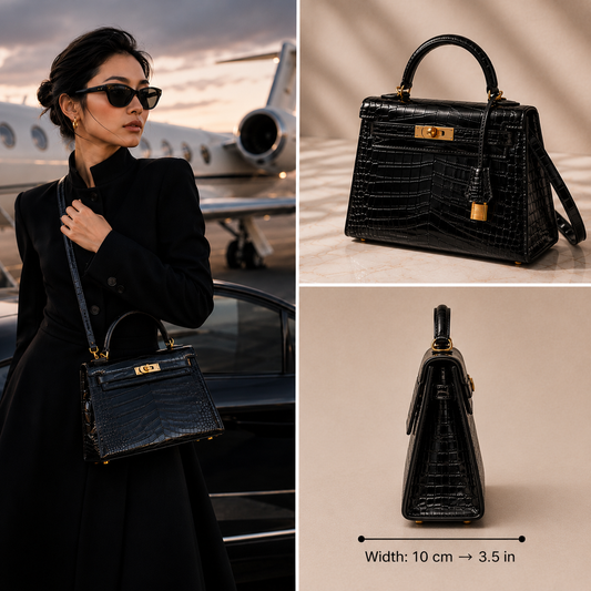 Pre-Owned Authentic Hermes Kelly 25 Embossed Cowhide Leather In Crocodile Print Black