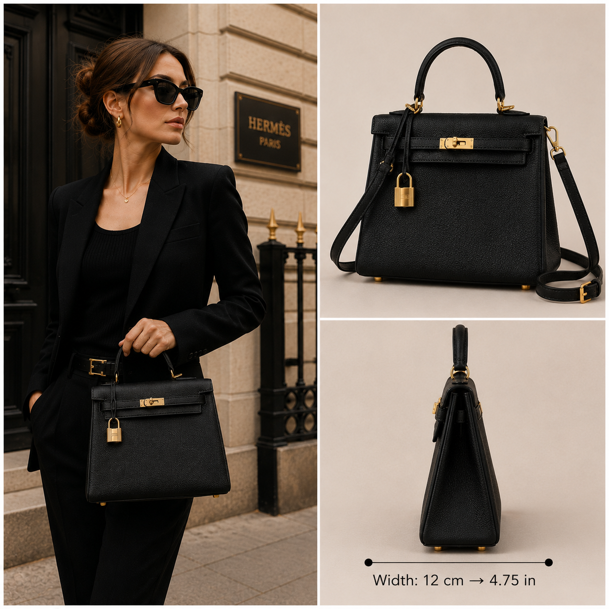 Pre-Owned Authentic Hermes Kelly Sellier 25 in Black Epsom with Gold Hardware