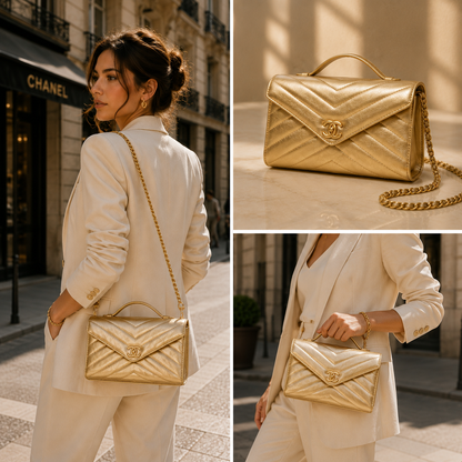 Pre-Owned Authentic Chanel Chevron Wallet on Chain  Gold