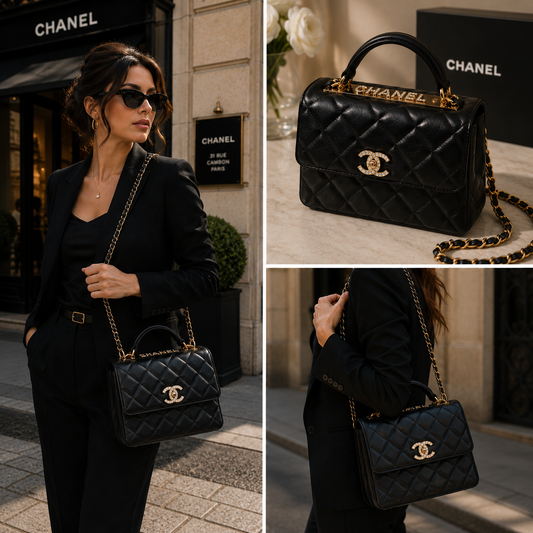 Pre-Owned Authentic 25cm Chanel Trendy Large Bag Black with Crystals