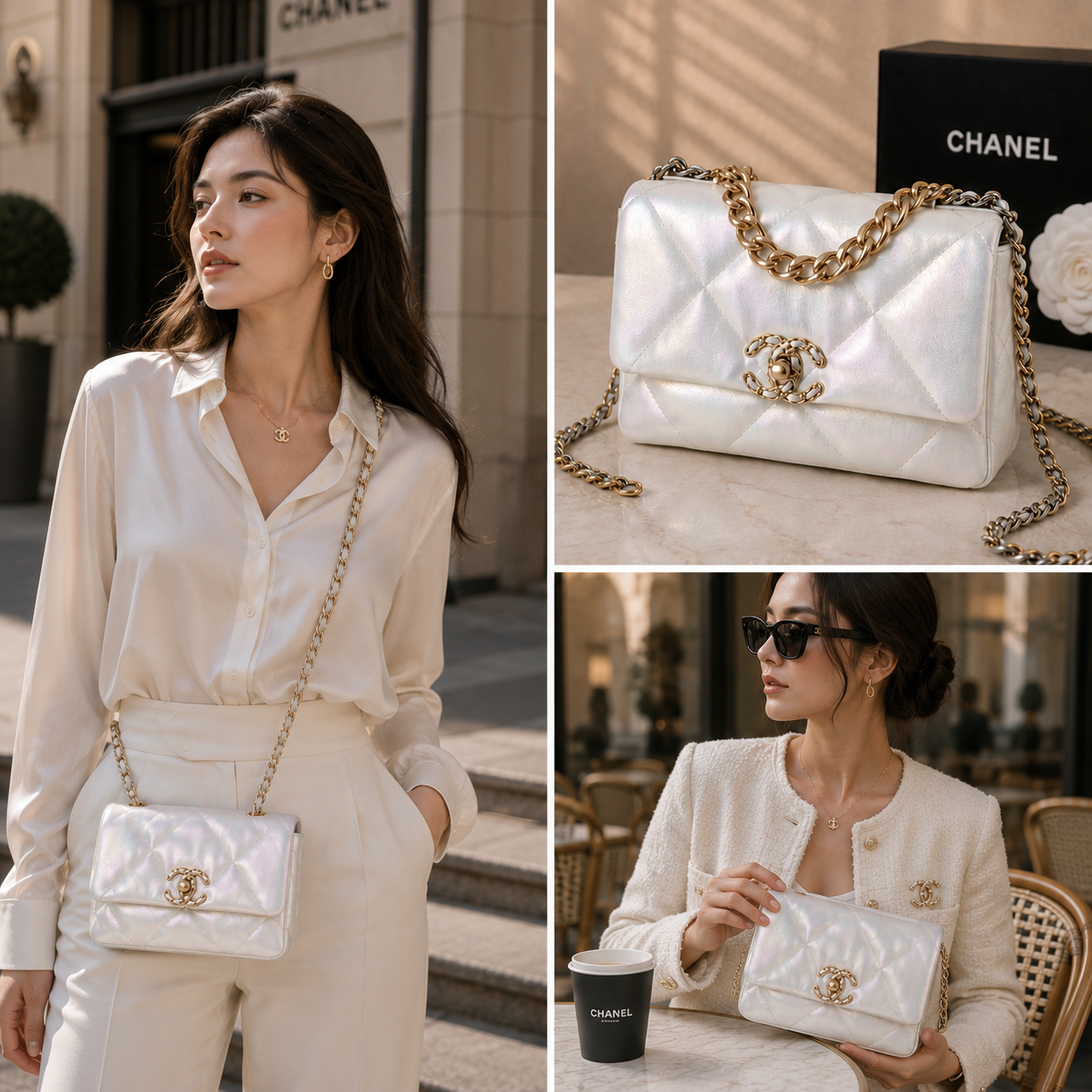 Chanel 19 Medium Handbag | Shiny Goatskin in White