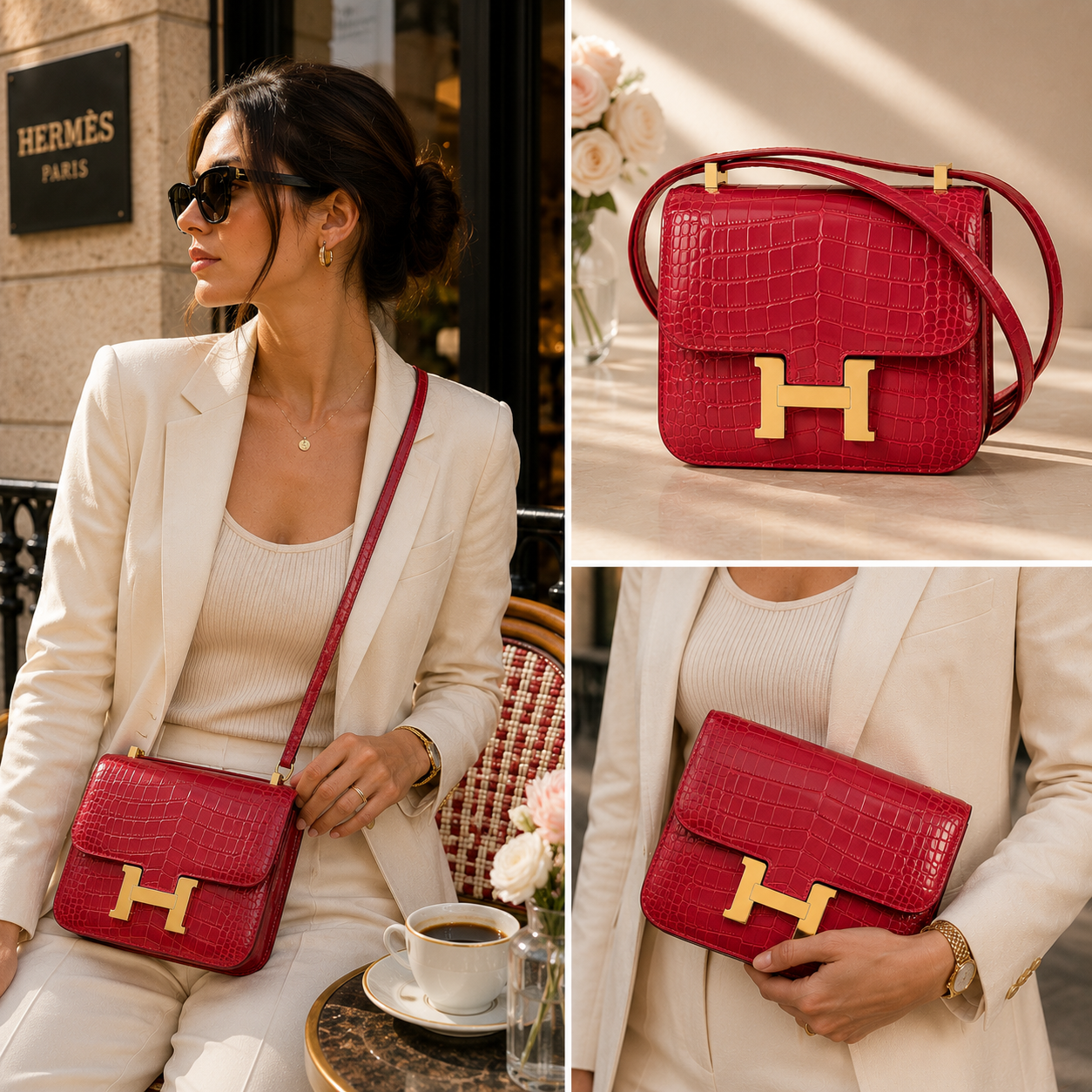 Pre-Owned Authentic Hermes Constance 18  Shiny Crocodile Embossed Leather in Red