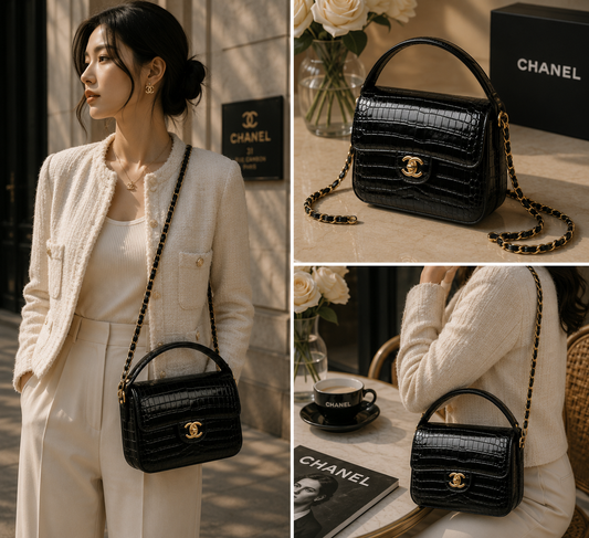 Chanel Mini Flap Bag With Top Handle Crocodile Leather in Black AS6424 - Pre-Owned Authentic