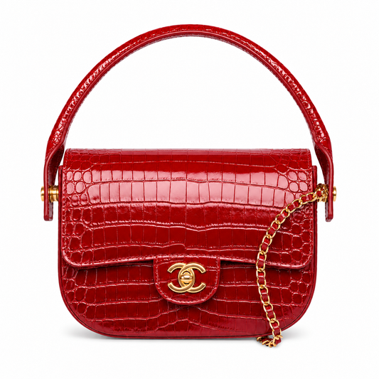 Chanel Mini Flap Bag With Top Handle Crocodile Leather in Red AS6424 - Pre-Owned Authentic