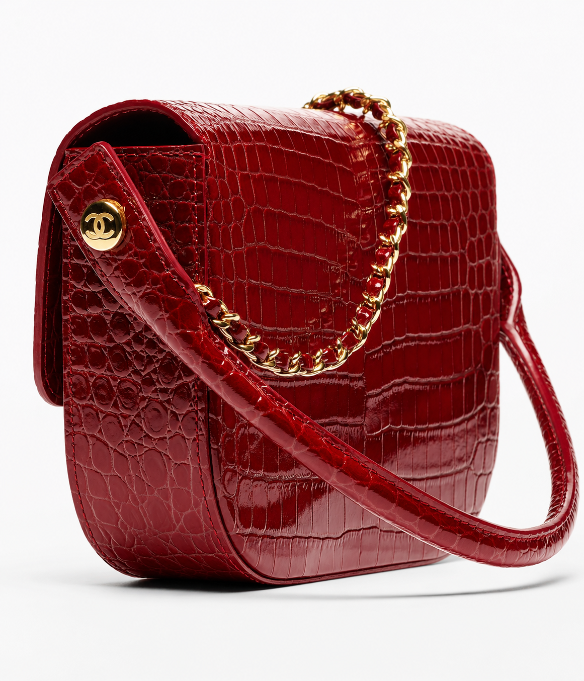 Chanel Mini Flap Bag With Top Handle Crocodile Leather in Red AS6424 - Pre-Owned Authentic