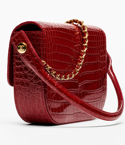 Chanel Mini Flap Bag With Top Handle Crocodile Leather in Red AS6424 - Pre-Owned Authentic