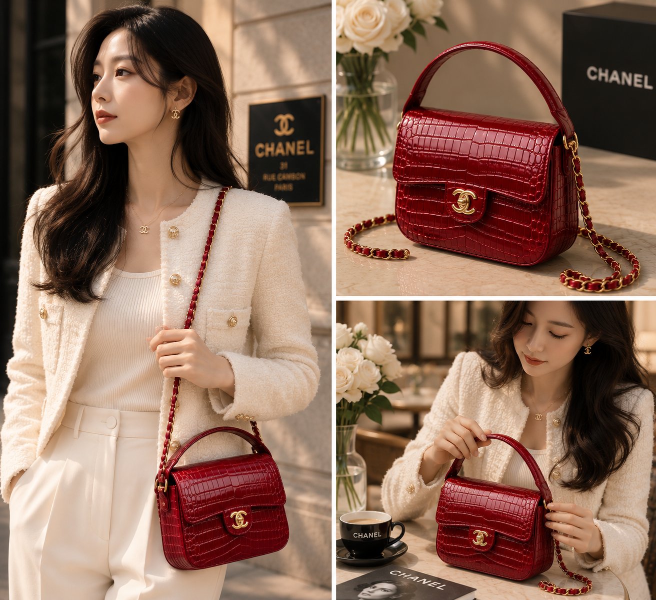 Chanel Mini Flap Bag With Top Handle Crocodile Leather in Red AS6424 - Pre-Owned Authentic