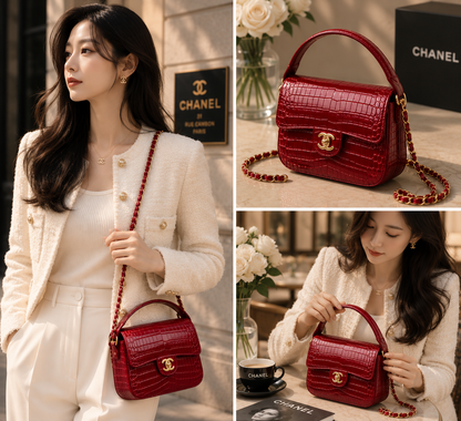 Chanel Mini Flap Bag With Top Handle Crocodile Leather in Red AS6424 - Pre-Owned Authentic