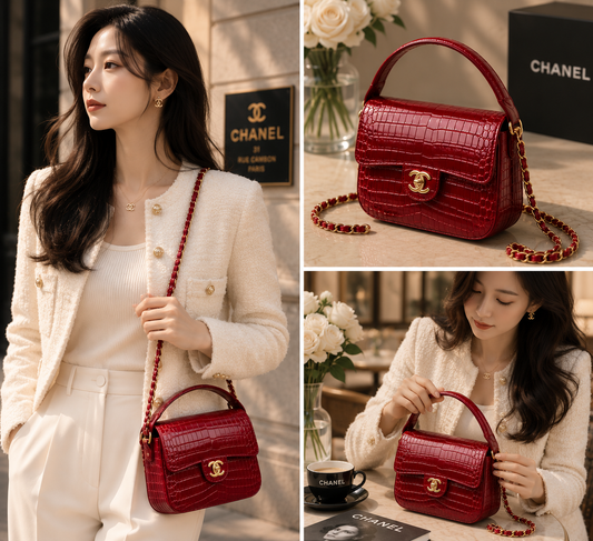 Chanel Mini Flap Bag With Top Handle Crocodile Leather in Red AS6424 - Pre-Owned Authentic