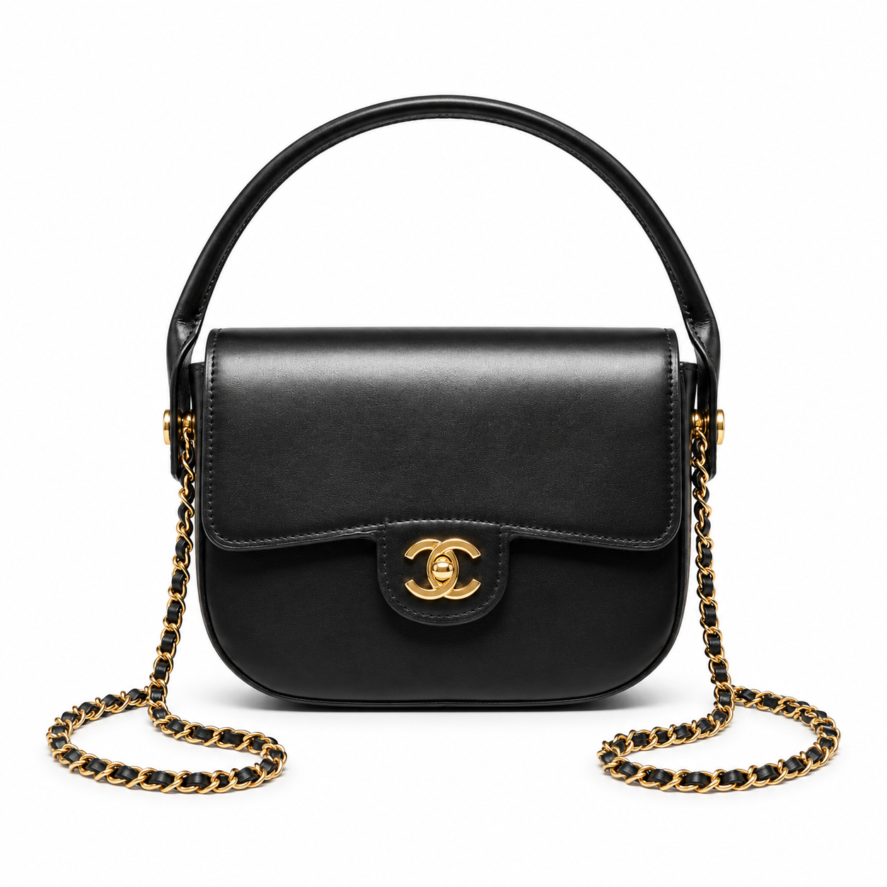 A black leather Chanel handbag with a top handle, gold-tone CC turn-lock clasp, and a black-and-gold chain strap, shown on a plain white background.