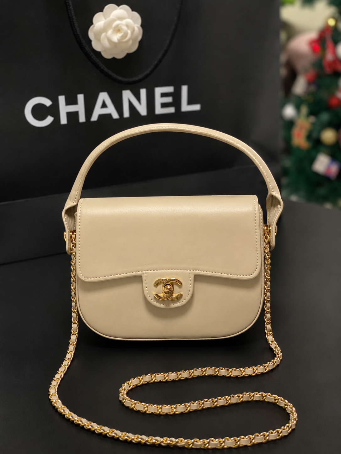 Chanel Mini Flap Bag With Top Handle Shiny Calfskin in Biege  AS6424 - Pre-Owned Authentic