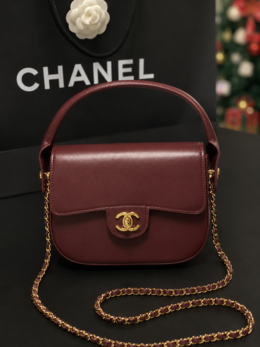 Chanel Mini Flap Bag With Top Handle Shiny Calfskin in Burgundy  AS6424 - Pre-Owned Authentic METIERS D'ART