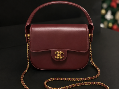 Chanel Mini Flap Bag With Top Handle Shiny Calfskin in Burgundy  AS6424 - Pre-Owned Authentic METIERS D'ART