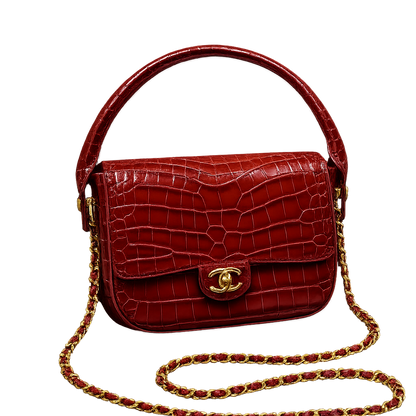 Chanel Mini Flap Bag With Top Handle Crocodile Leather in Red AS6424 - Pre-Owned Authentic