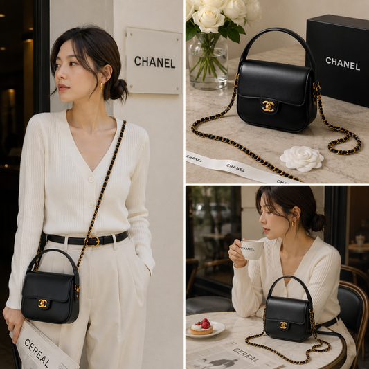 A black Chanel shoulder bag with a gold-tone CC turn-lock and chain strap is shown in a lifestyle setting with a woman wearing it, alongside a top-down product shot on a marble surface and a bottom lifestyle scene of her drinking from a cup at a cafe table. Chanel branding is visible on the bag, box, and signage.