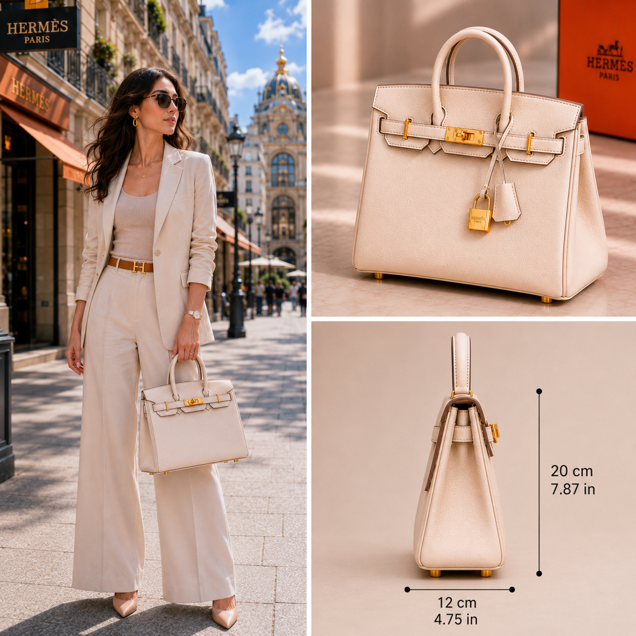 A cream-colored Hermès Kelly handbag with gold hardware, shown in a three-panel collage: on the left, a woman in a beige suit carries it on a city street; on the right, two close-up views of the bag, one showing the front and one showing the side with dimensions labeled 20 cm height and 12 cm width.