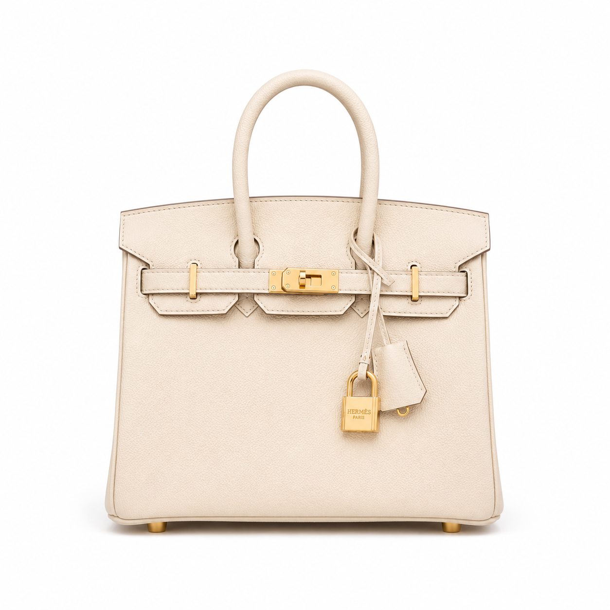 A structured cream-colored leather handbag with gold-tone hardware, dual top handles, a front strap closure, and a hanging padlock with clochette, shown against a plain white background.