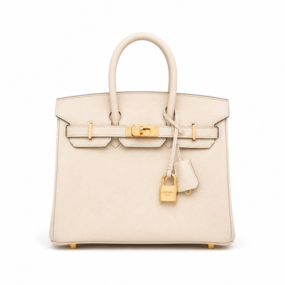 A structured cream-colored leather handbag with gold-tone hardware, dual top handles, a front strap closure, and a hanging padlock with clochette, shown against a plain white background.