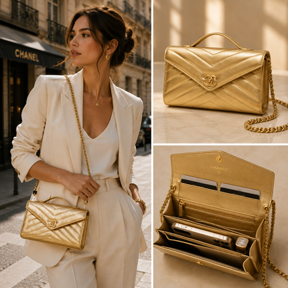Pre-Owned Authentic Chanel Chevron Wallet on Chain  Gold