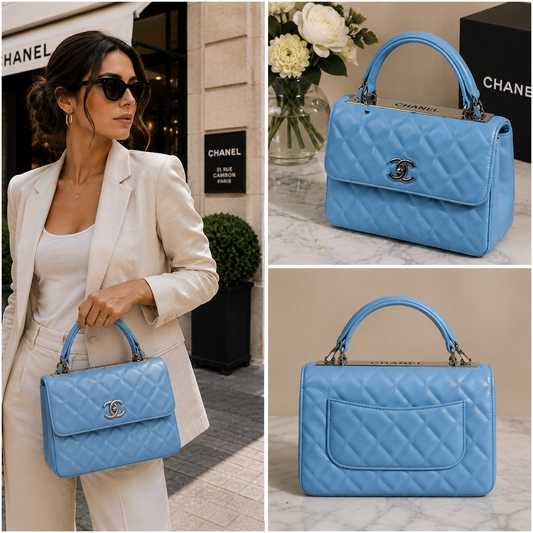 Pre-Owned Authentic 25cm Chanel Trendy Large  Bag Light Blue