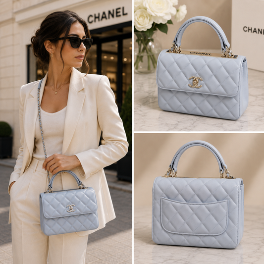 Pre-Owned Authentic 25cm Chanel Trendy Large Bag Light  Blue Gray