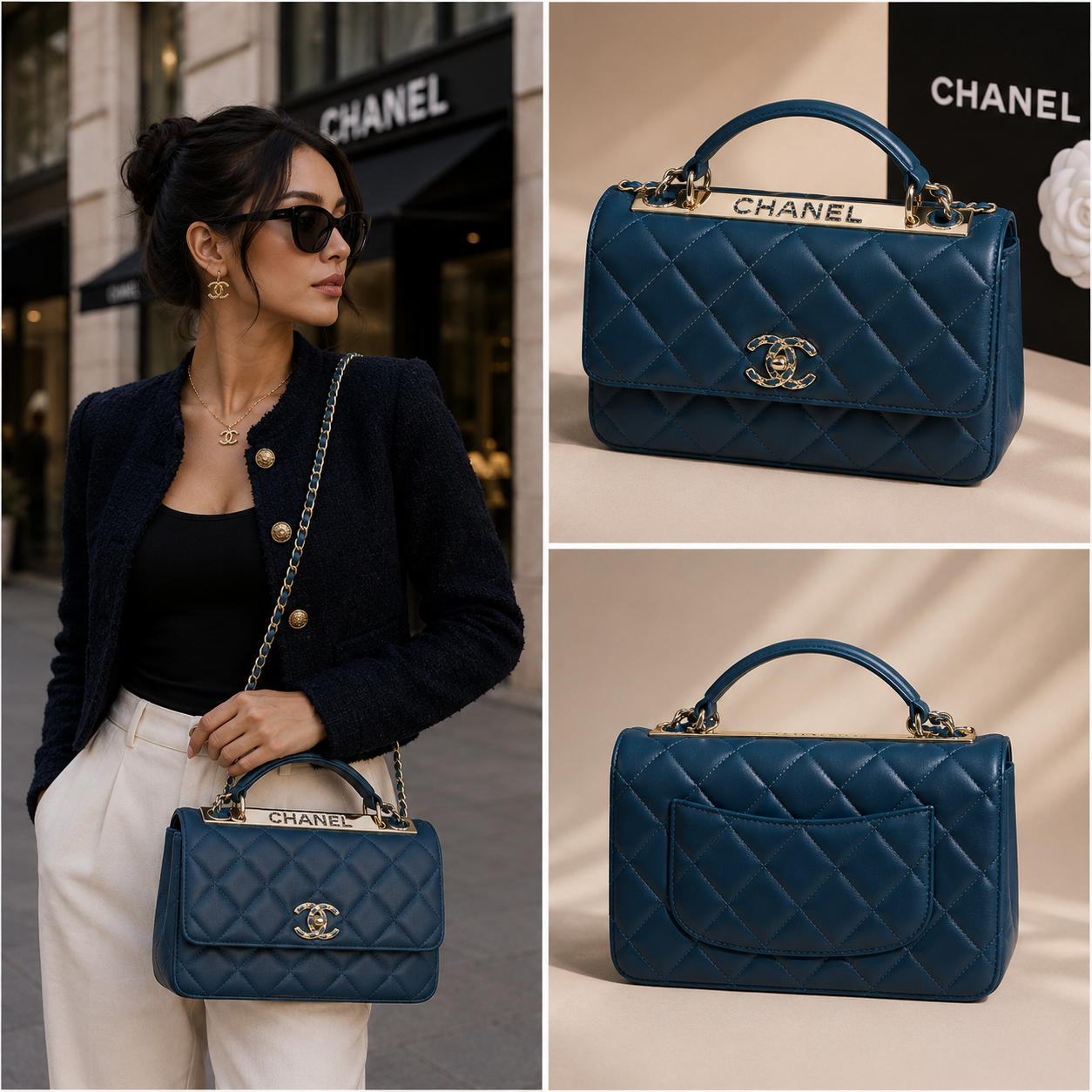Pre-Owned Authentic 25cm Chanel Trendy Large Bag Dark Green with Crystals