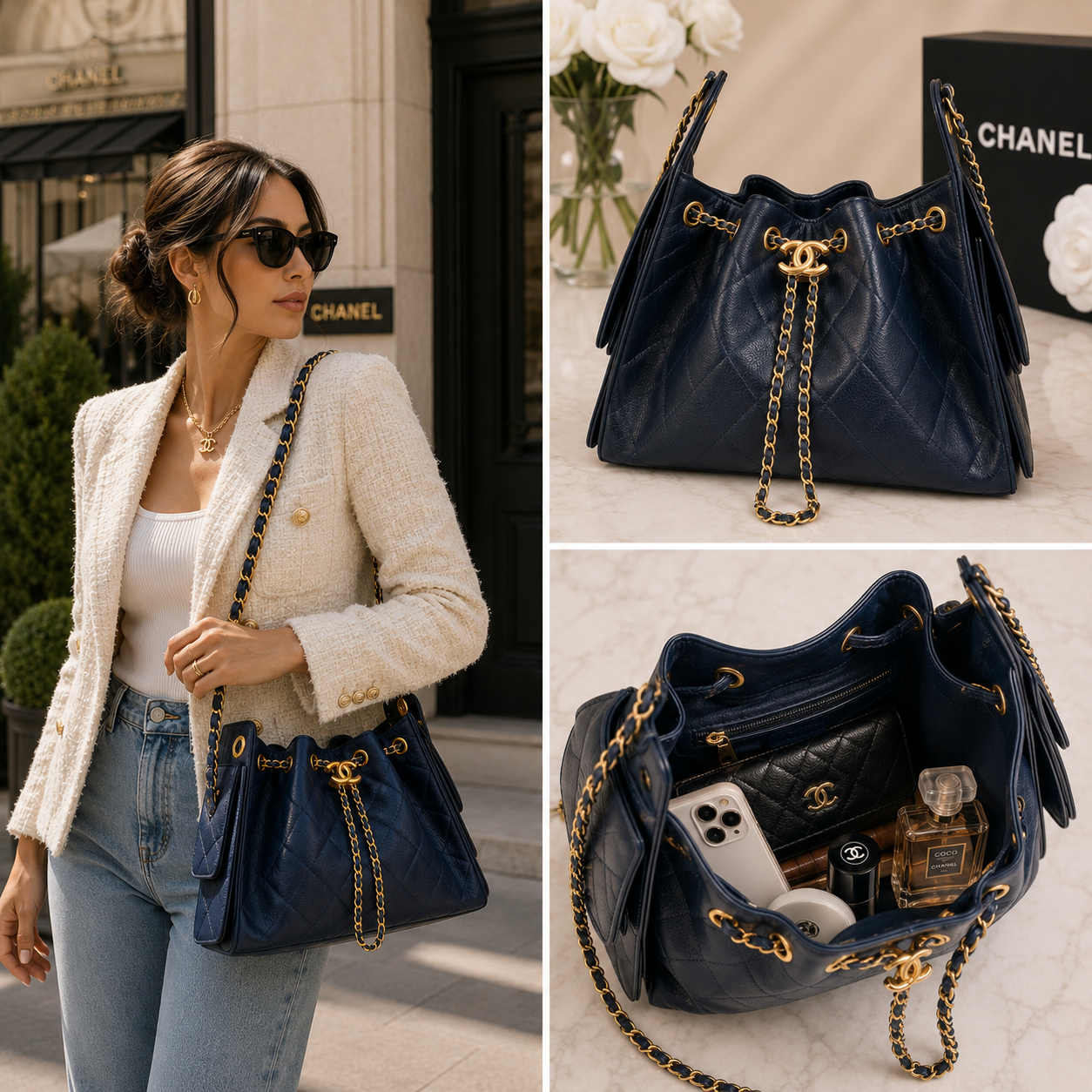 Pre-Owned Authentic Chanel 25 Navy Blue