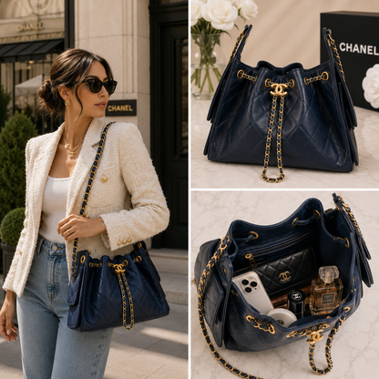 Pre-Owned Authentic Chanel 25 Navy Blue