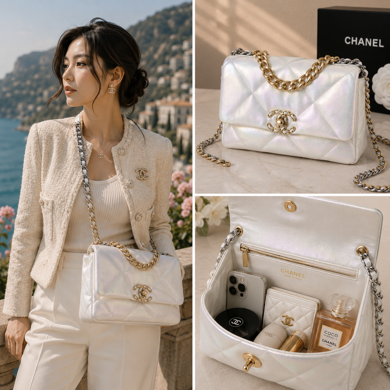 Chanel 19 Medium Handbag | Shiny Lambskin White