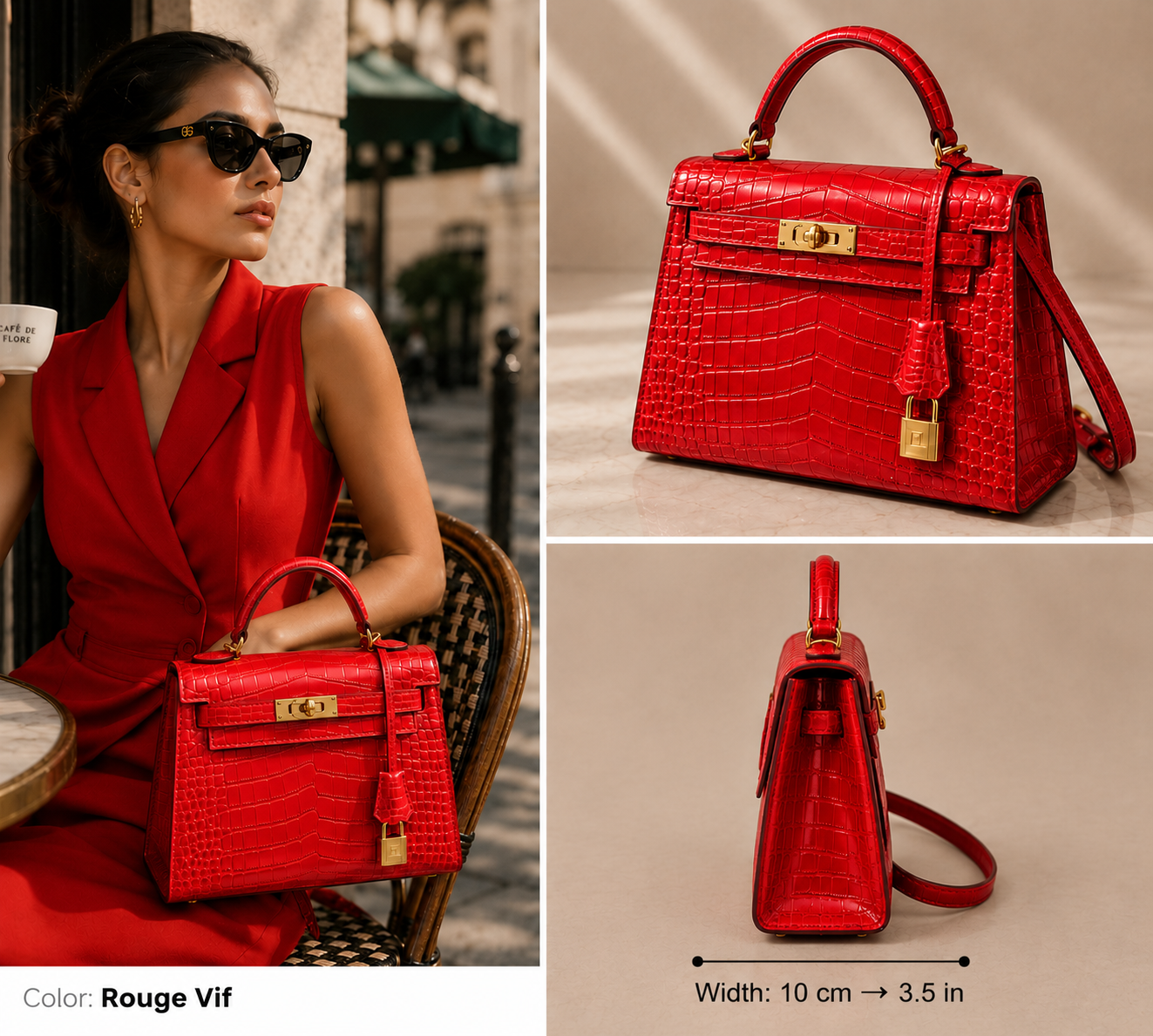 A red crocodile-embossed leather handbag shown in a three-panel collage: worn by a woman in a red outfit, photographed from the front, and photographed from the side with a strap laid out. The image includes the text 'Color Rouge Vif' and 'Width: 10 cm -> 3.
