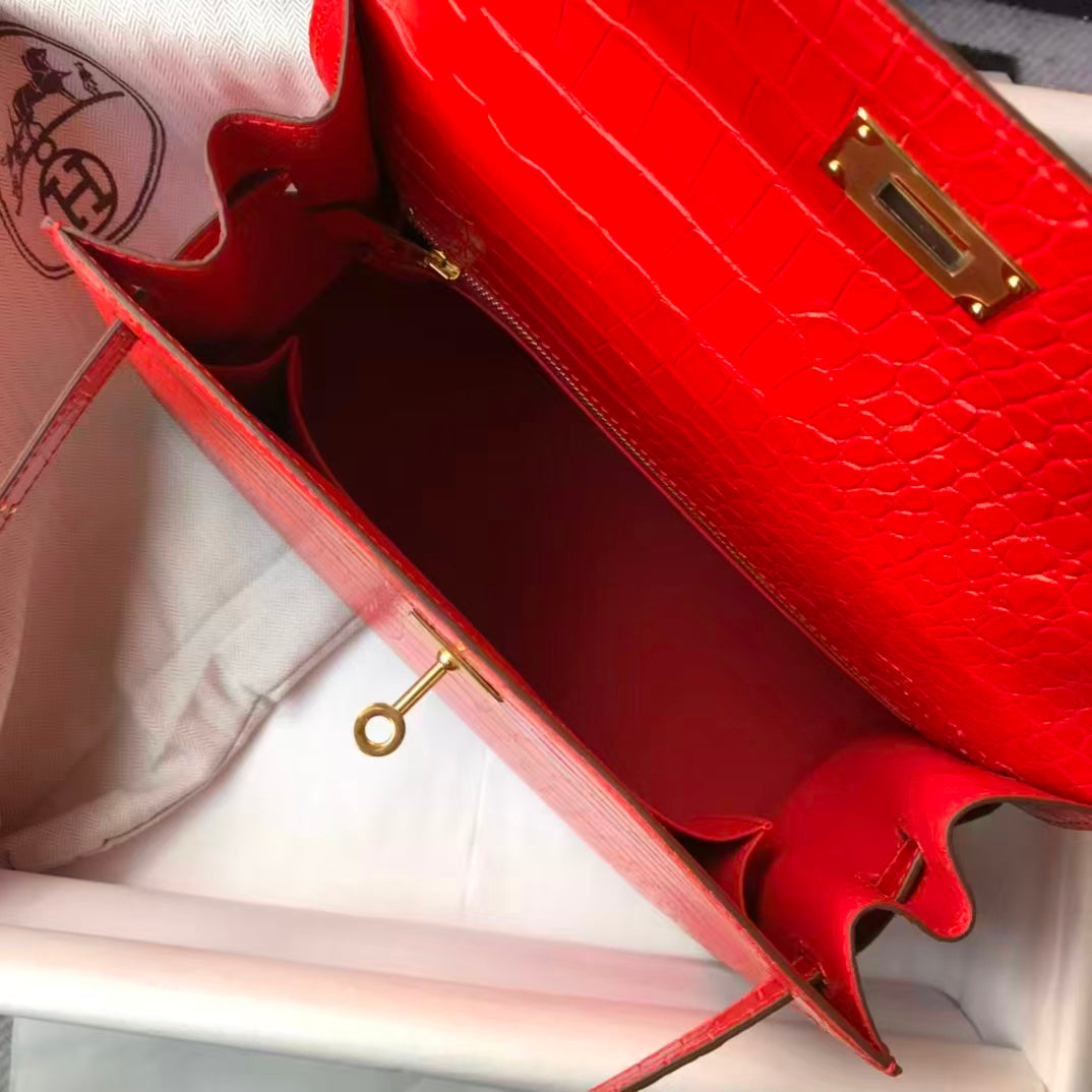 Hermes Kelly 25 in  Rouge Vif (Red) -  Real Crocodile - Pre-Owned Authentic